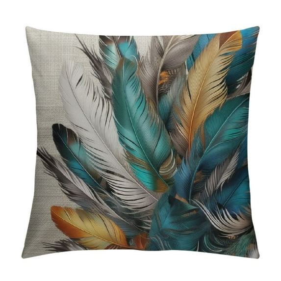 COMIO Bird Feather Throw Pillow Cover Teal Brown Turquoise Feather Decorative Pillow Case Home Decor Square Pillowcase