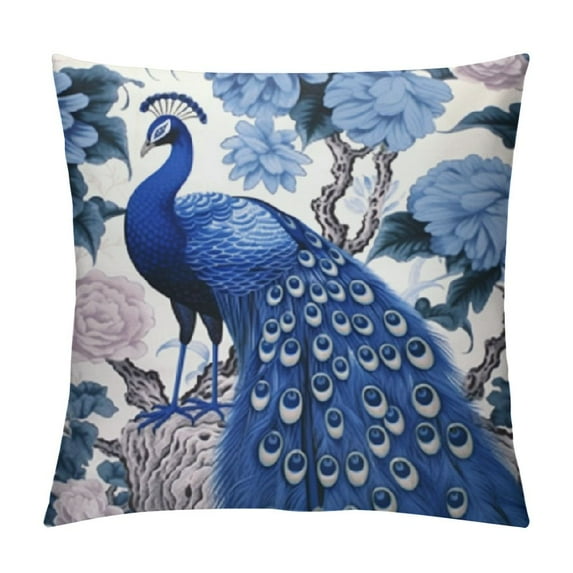 COMIO Birds and Peonies in Blue Color Pillow Cover Case Peacock Pattern Chinoiserie Style with Invisible Zipper Cushion Cover Throw Pillowcase for Home Decorative Couch Sofa Bedroom  24x24in