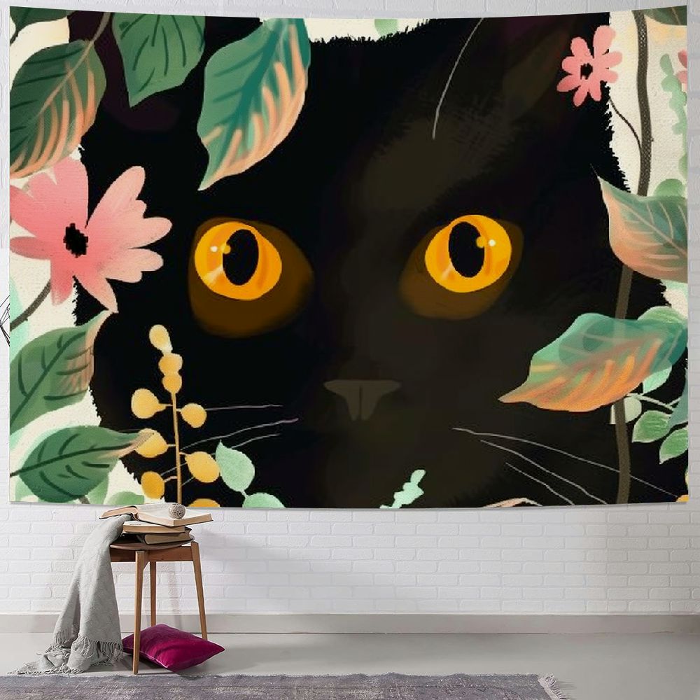 MLJA Black Cat Flowers Tapestry for Bedroom Aesthetic; Pink Green Wall