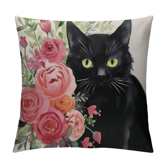 COMIO Black Cat and Watercolor Flower Farmhouse Pillow Cover Decorative Square Throw Pillow Cover for Sofa Couch Decoration
