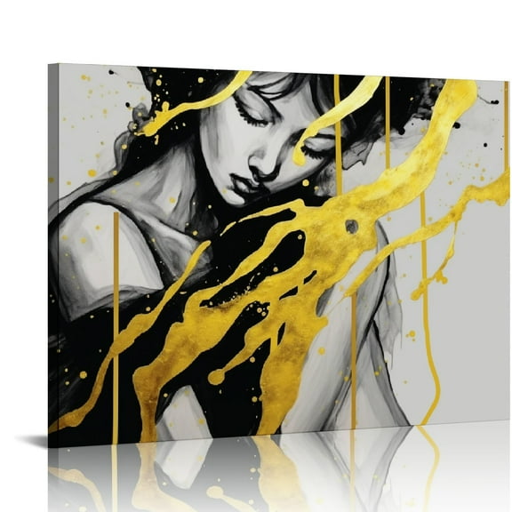 COMIO Black Gold and White Abstract Canvas Wall Art Gray and Gold Marble Artwork Black Marble Poster Abstract Painting Lines Yellow Canvas Black and Gold Marble Print Gold Foil Pictures 16x12inch