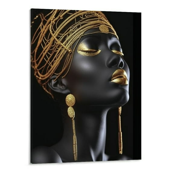 COMIO Black and Golden Black Woman Portrait Artwork Home Decor Meditation African Girl Room Wall Art Canvas Painting for Living Room Wall Decor Frame 16x20inch