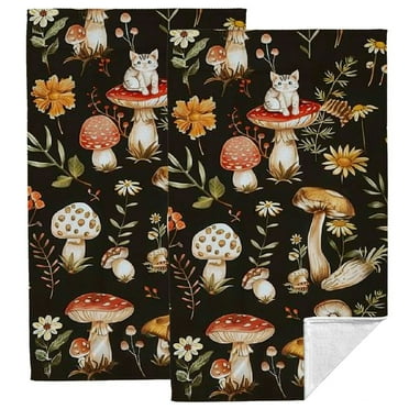 COMIO Black Modern Mushroom Floral Leaves Hand Towels Kitchen Towels Dish Towels, Botanic Farmhouse  Decoration Hand Towels Set of 2 27.5*16in