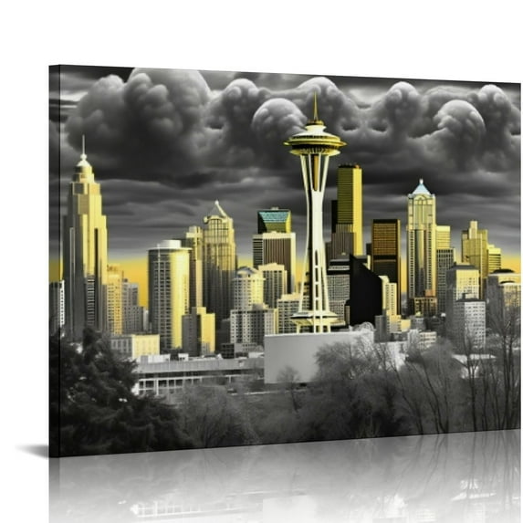 COMIO Black and White City Canvas Wall Art Seattle at Gold Sunset Pictures for Living Room Modern Washington Skyline Cityscape Posters Stretched and Framed