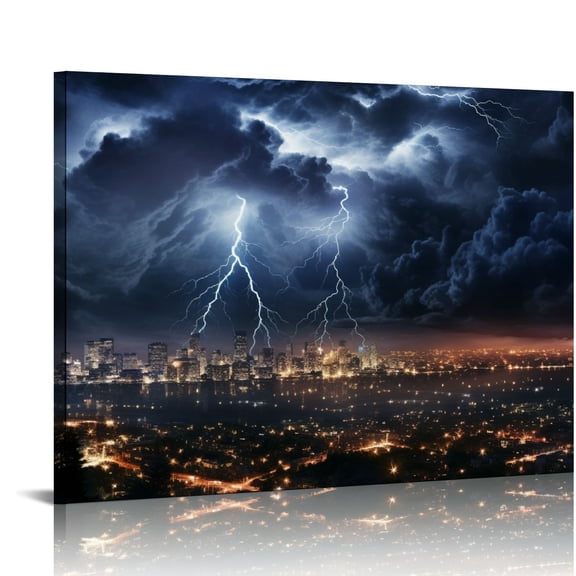 COMIO  - Black and White City Wall Art Nature Lightning Strikes in The Clouds Painting on Canvas Storm Cityscape Picture Print for Home Office Bedroom Decoration