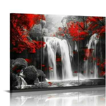 COMIO  Black White and Red Canvas Wall Art Red Woods Waterfall Canvas Print Landscape Paintings Framed Picture for Office and Home Décor Ready to Hang