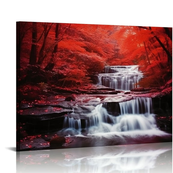 COMIO  Black White and Red Wall Art Red Tree Waterfall Picture Canvas Landscape Print Artwork for Living Room Autumn Red Forest Water Wall Decor Painting Framed Ready to Hang