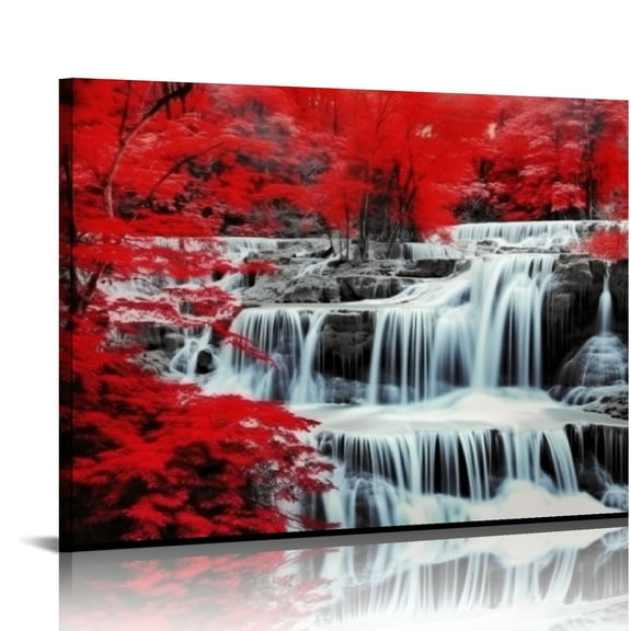 COMIO Black White and Red Waterfall Canvas Wall Art- Red Tree Prints Landscape Posters Framed Picture - Nature Forest Scenery Paintings for Living Room Bedroom Home Office Wall Decor
