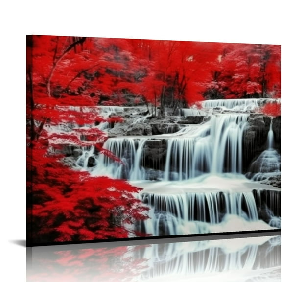 COMIO  Black White and Red Waterfall Canvas Wall Art- Red Tree Prints Landscape Posters Framed Picture - Nature Forest Scenery Paintings for Living Room Bedroom Home Office Wall Decor