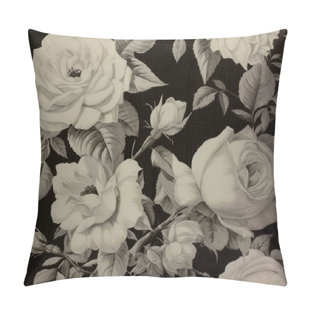 COMIO Black White Rose Throw Pillow Cover Floral Bouquet Botanical