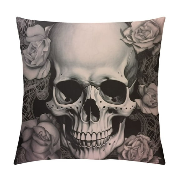 COMIO Black and White Skull Throw Pillow Cover Rose Lace Bone Floral Head Collage Scary Gothic Pillow Case Decorative Men Women Boy Girl Room Cushion Cover for Home Couch Bed