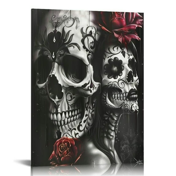 COMIO Black And White Sugar Skull Couple Canvas Prints Wall Art Paintings Wall Artworks Gothic Pictures Decor for Living Room Bedroom Decoration Day Of The Dead Aesthetic Decor