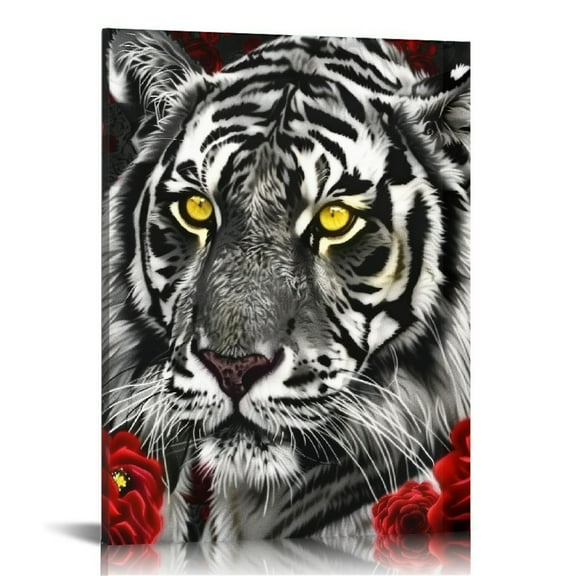 COMIO  Black and White Tiger Canvas Wall Art Animal Wildlife Cool Tiger in Burgundy Red Flowers Painting Prints Gallery Wrap Artwork for Living Room Bedroom Home Office