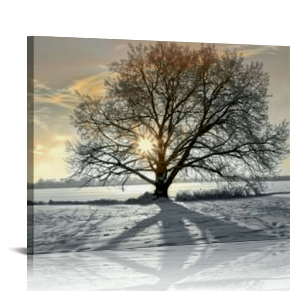 COMIO Black and White Tree Wall Art Gold Sunset Landscape Painting Print on Canvas Framed Warm Winter Scenery Poster for Living Room Bedroom Decoration