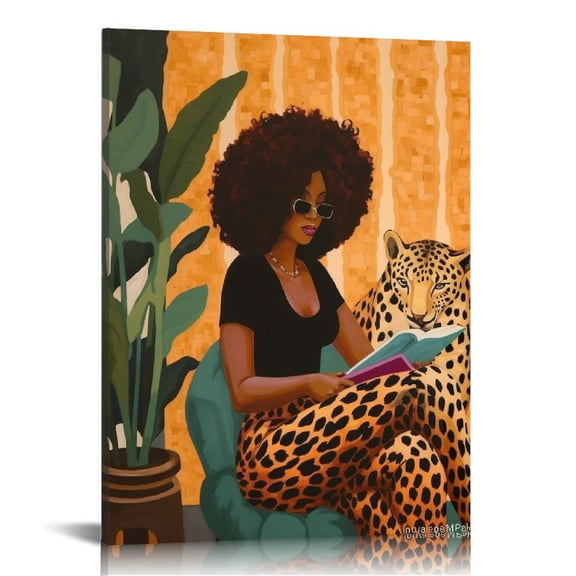 COMIO Black Woman Leopard Canvas Poster Painting Wall Art, African American and Jungle Cheetah Picture Artwork Framed Print Ready to Hang for Home Bedroom Wall Decor.