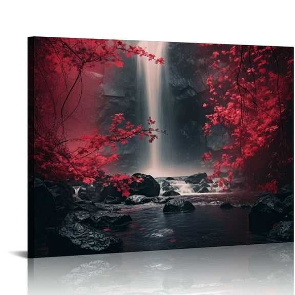 COMIO  Black and Red Waterfall Canvas Wall Art Nature Forest Picture Prints Framed and Stretched Painting for Modern Living Room Office Decorations