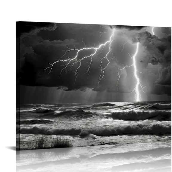 COMIO Black and White Ocean Canvas Print Lightning Storm Picture Painting Sea Wave Wall Art for Home Living Room Office Bedroom Decoration