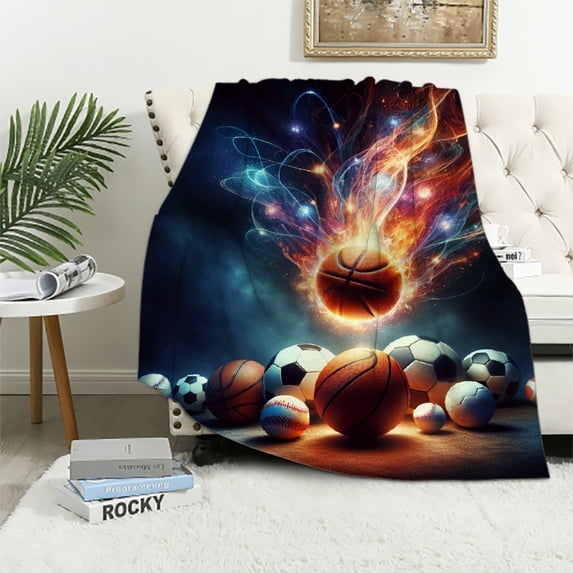 COMIO Blanket Fire Football Baseball Soft Blanket, Football Rugby Throw Blanket for Ball Fans, Birthday for Adults Family
