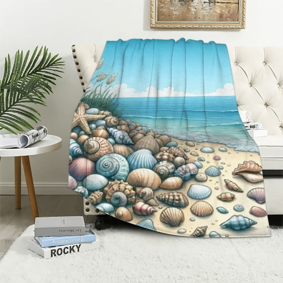COMIO Blanket, Summer Starfish Seashell Sandy Beach Sea Scenery Flannel Blanket Warm Cozy Soft Throw Blankets for Couch Bed Sofa Camping, Gifts for Women Men