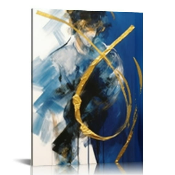 COMIO  Blue Abstract Canvas Prints Wall Art Decor- Blue and Black Gold Lines Fantasy Colorful Graffiti Artwork Paintings Picture for Bedroom Home Office Wall Decoration