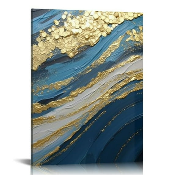 COMIO Blue Abstract Picture Canvas Wall Art Painted with Gold Foil for Living Room Bedroom Home Office Wall Decor