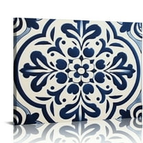 COMIO Blue Bathroom Wall Art Decor, Canvas Wall Art with Vintage Mandala Flowers Prints for Bedroom, Kitchen, Navy Blue Tile Wall Art