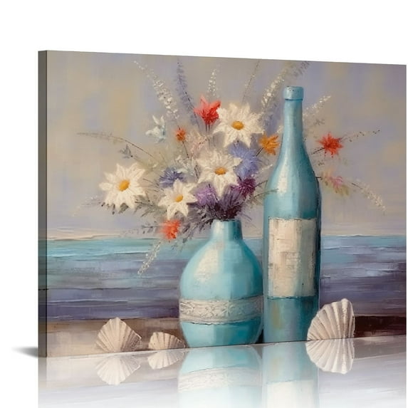 COMIO Blue Beach Ocean Floral Bathroom Decor Coastal Seaside Painting Canvas Print for Bathroom Living Room Bedroom Kitchen and Office Wall Decor