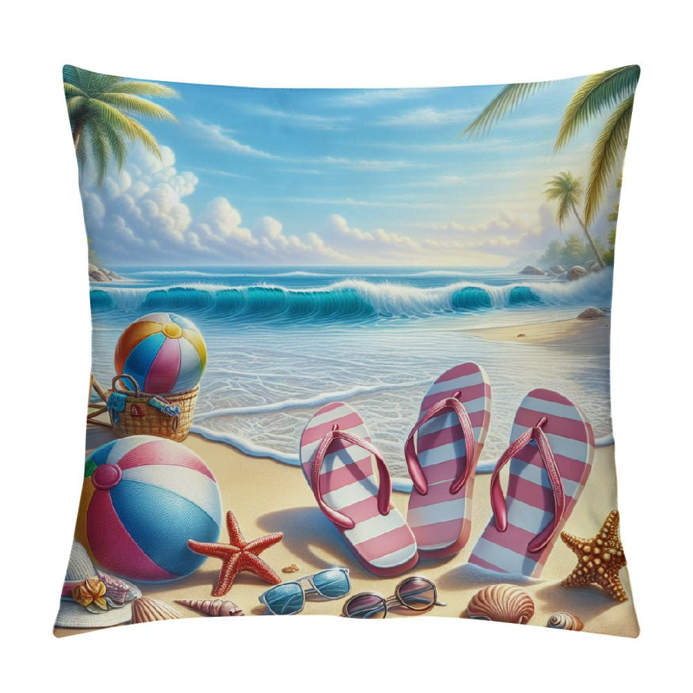 COMIO Blue Beach Pink Flip Flops Pillow Covers Summer Tropical Palm ...