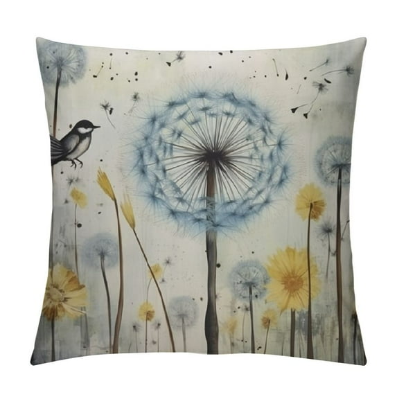 COMIO  Blue Dandelion Pillow Cover for Living Room Decor Rustic Farm Plants Botanical Square Soft Throw Pillow Dragonfly Watercolor Flowers Decorative Cushion Cover,White