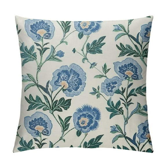 COMIO Blue Floral Block Print Pillow Covers Light Blue Green Chinoiserie Flowers Birds Monsoon Decorative Pillows Outdoor Farmhouse Cushion Case Pillowcase for Sofa Bed Room Decor