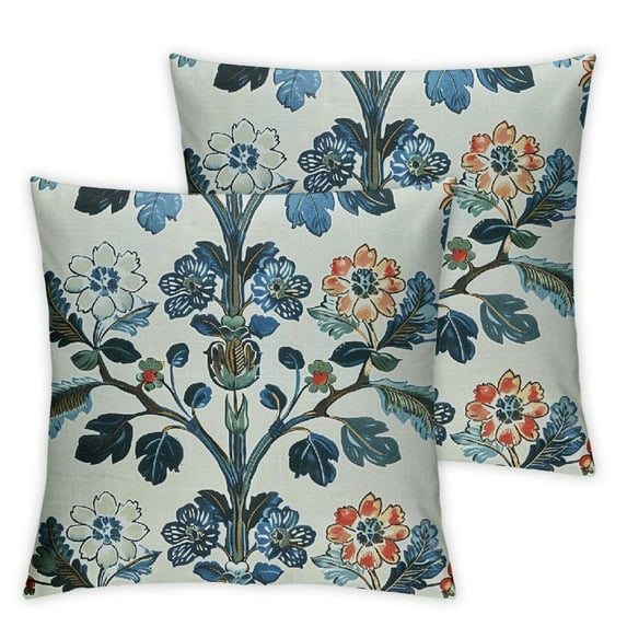 COMIO Blue Floral Block Print Pillow Covers Light Blue Green Chinoiserie Flowers Birds Monsoon Decorative Pillows Outdoor Farmhouse Cushion Case Pillowcase for Sofa Bed Room Decor Set of 2