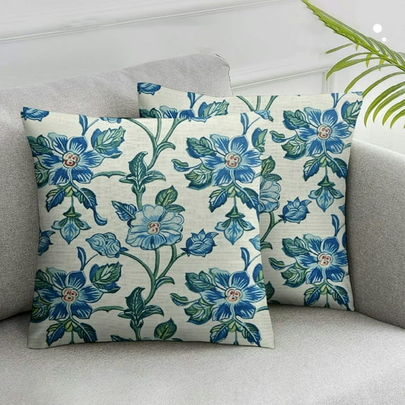 QZHH Blue Floral Block Print Pillow Covers Light Blue Green Chinoiserie Flowers Birds Monsoon Decorative Pillows Outdoor Farmhouse Cushion Case Pillowcase for Sofa Bed Room Decor,2 pcs White