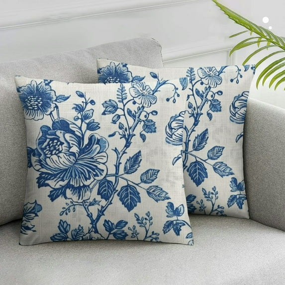 COMIO Blue Floral Pillow Covers Vintage Flower Blue White Decorative Throw Pillow Covers Chinoiserie Pillowcases Square Cushion Covers For Couch Bed Sofa Chair Car Decor,2 pcs 18x18in