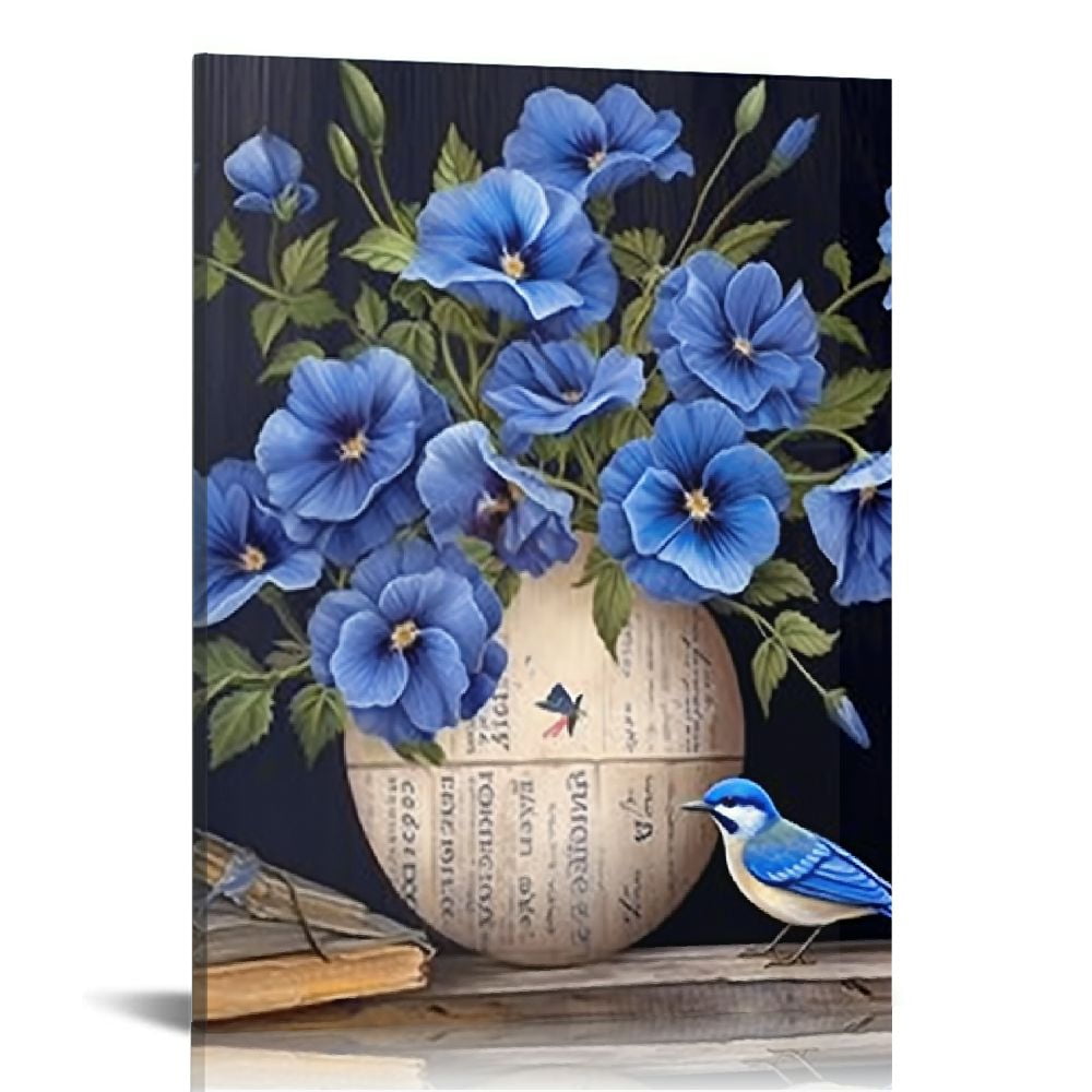 COMIO Blue Flower Bathroom Decor Wall Art Rustic Flower Birds Pictures ...