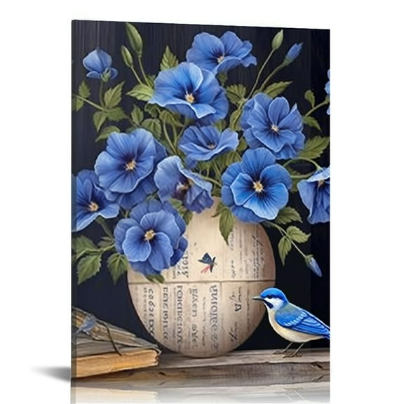COMIO Blue Flower Bathroom Decor Wall Art Rustic Flower Birds Pictures Motivation Floral Canvas Painting Framed Artwork for Bedroom Living Room Bathroom 12"x16"