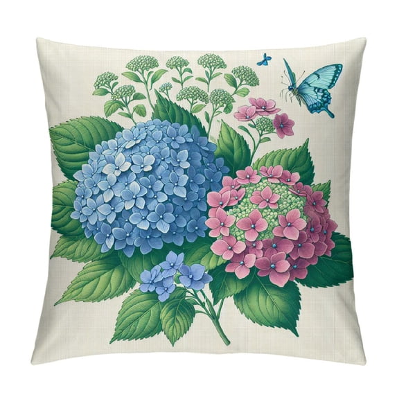 COMIO Blue Hydrangea Pillow Covers Spring Summer Floral Throw Pillows Cover Flowers and Butterflies Pillowcase for Couch Sofa Living Room Patio White