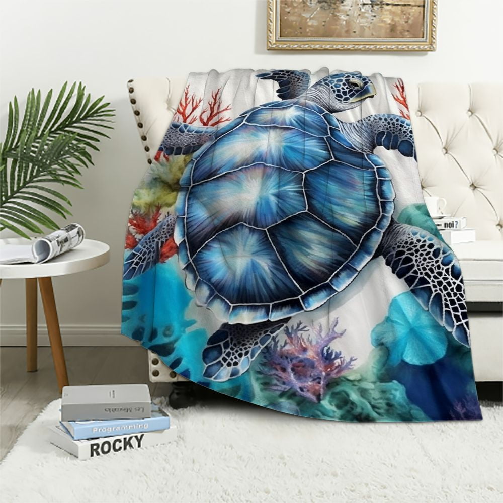 Blue Hawaiian Sea Turtle Pattern Print Throw Blanket