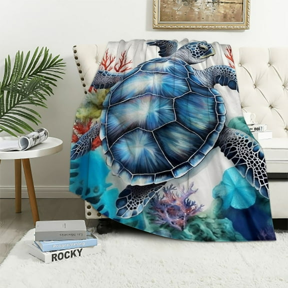 COMIO Blue Tortoise Blanket Queen Size, Sea Turtle Reptile Throw Blanket For Home Bed Sofa, Coastal Nautical Marine Life Blanket, Underwater World Fuzzy Blanket, All Season Lightweight Blanket