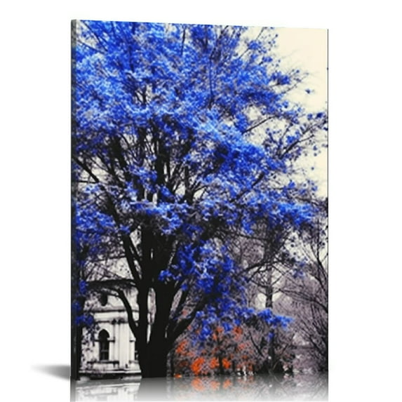 COMIO Blue Trees with Leaves Canvas Wall Art Modern Abstract Fall Forest Landscape Pictures Paintings for Living Room Bedroom Home Decorations