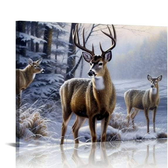 COMIO Blue Vintage Animal Deer Pictures Home Decor Winter Wolf Wildlife Canvas Printed Painting Wall Art for Living Dining Room Decorations Modern