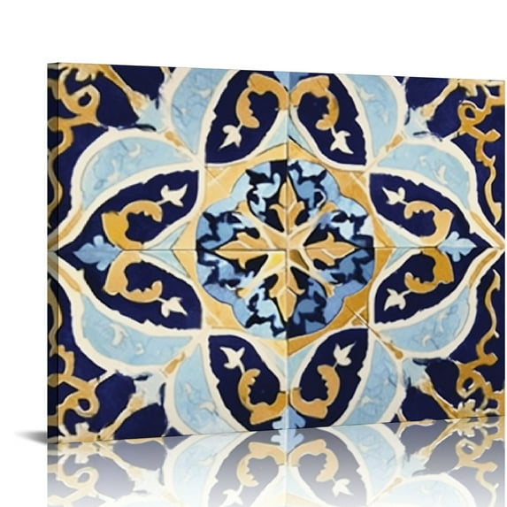 COMIO Blue Vintage Pattern Decor Wall Art Boho Geometric Rug Middle Eastern Canvas Print for Rustic Bedroom Bathroom