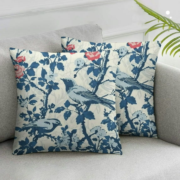 COMIO Blue and White Chinoiserie Pillow Cover Navy Blue Watercolor Spring Flower Bird Decorative Pillow Covers Vintage Floral Cushion Cover for Home Couch Sofa Bedding,2 pcs White