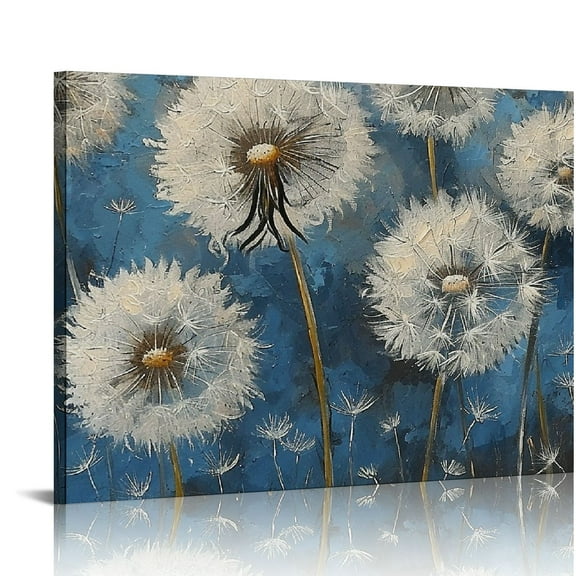 COMIO  Blue and White Dandelion Wall Art - Partially Painted - Large Wall Art - - Framed Picture Artwork - Wall Art for Living Room Office Bedroom - Oversize Canvas Wall Decor