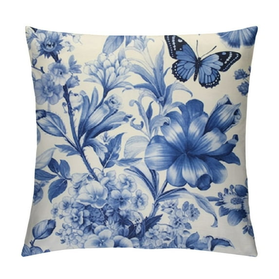 COMIO Blue and White Floral Pillow Covers Chinoiserie Pillow Cover Farmhouse Butterflies Spring Throw Pillowcase Outdoor Cushion Cover for Sofa Bedroom Indoor Outdoor