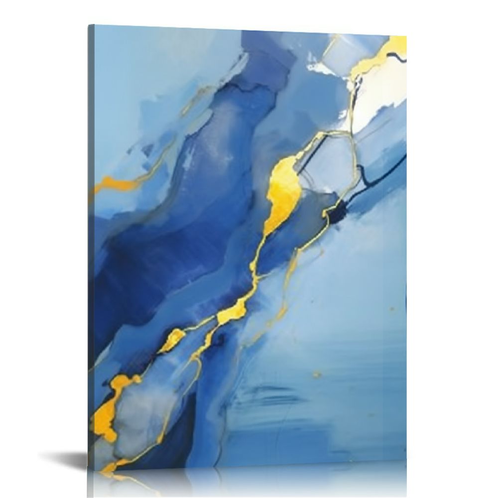 COMIO Blue and Gold Abstract Wall Art Modern Watercolor Painting Fluid ...