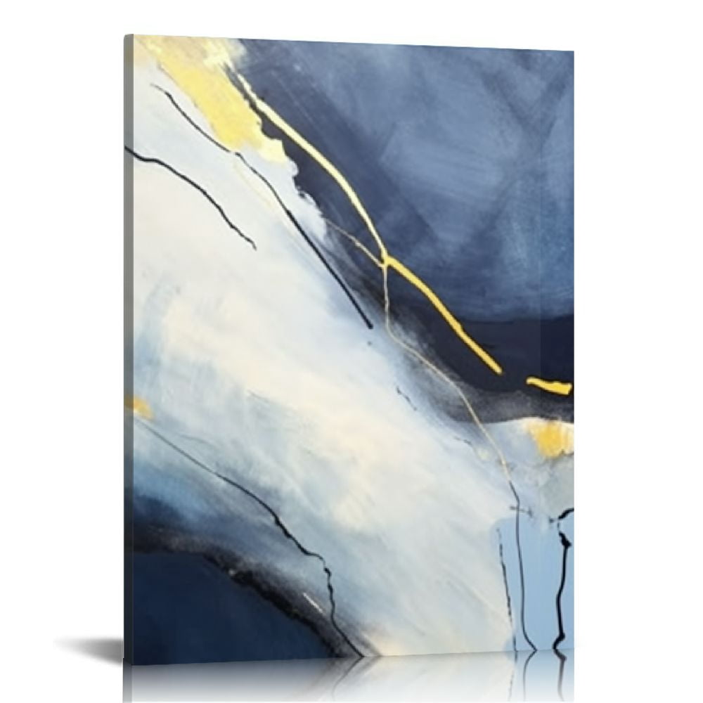 COMIO Blue and Gold Abstract Wall Art Modern Watercolor Painting Fluid ...
