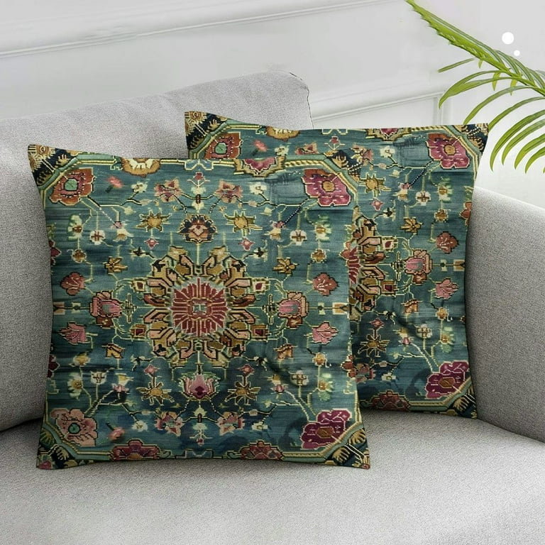 COMIO Boho Pillow Covers Persian Carpet Green Vintage Throw Pillow Cover Antique Ethnic Decorative Retro Green Pillow Cases Home Decor Square