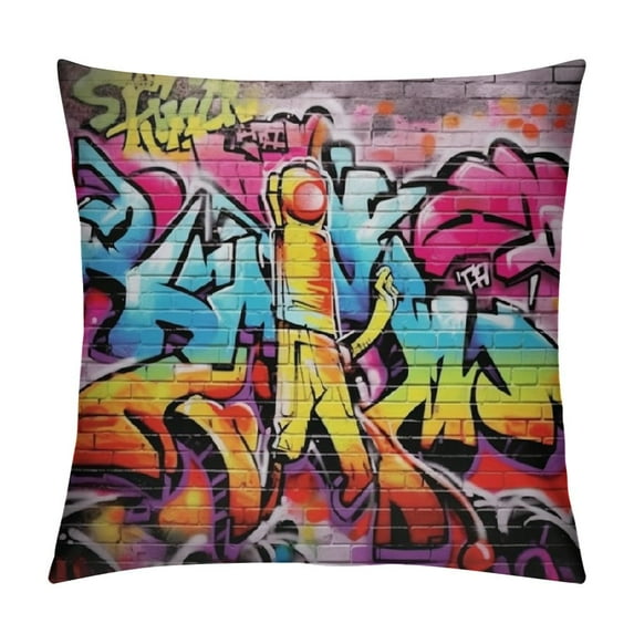 COMIO  Brick Wall Throw Pillow Cushion Cover, Graffiti on Urban Street Art Stones Spray Paint Look Tagger Underground Illustration Print, Decorative Square Accent Pillow Case,Soft Red