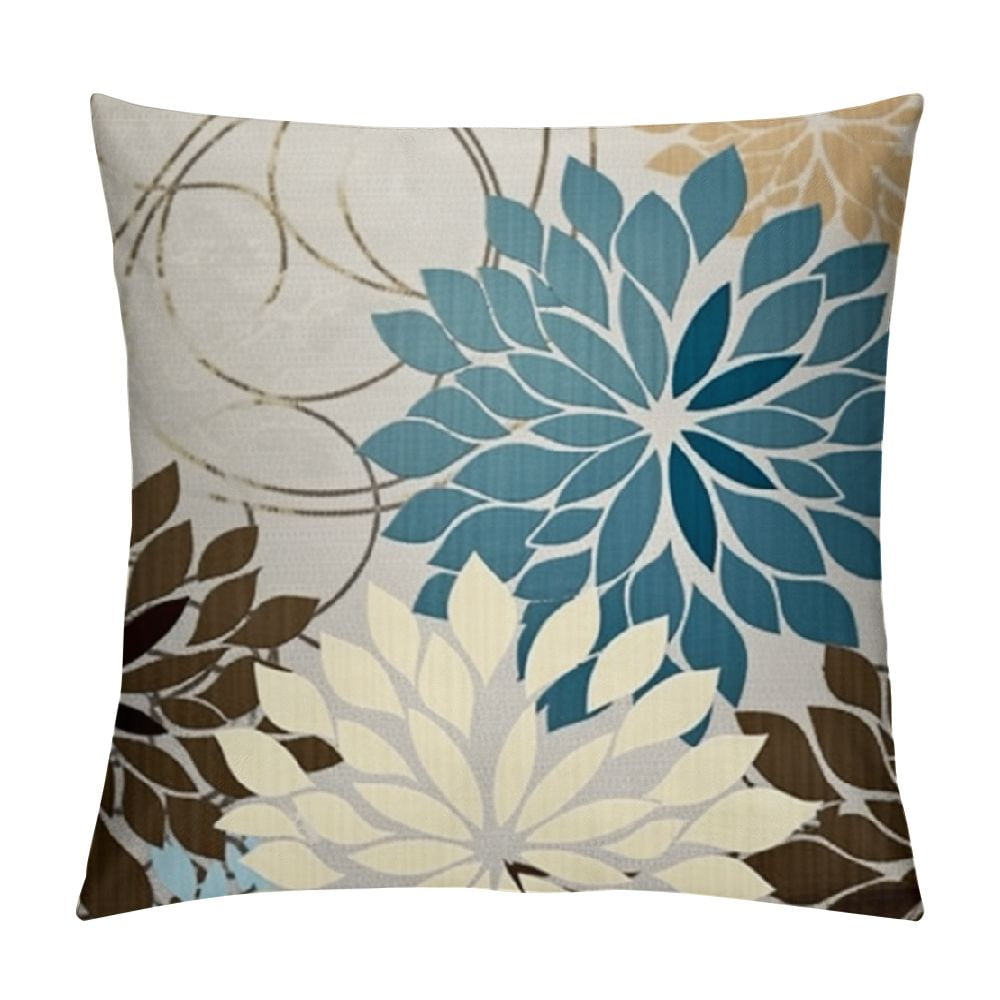 COMIO Brown Blue Pillow Covers Summer Dahlia Flower Print Pillow Case