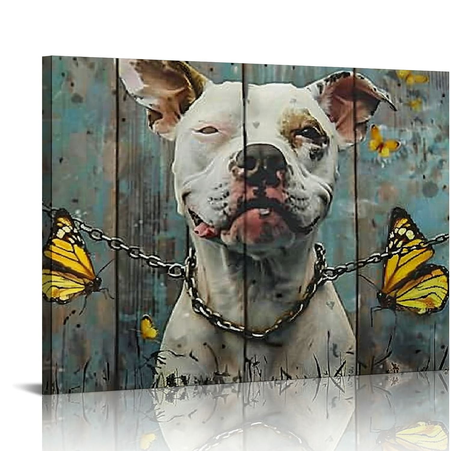 COMIO Butterfly And Smiling Pitbull Canvas Wall Art Print Cute Pet